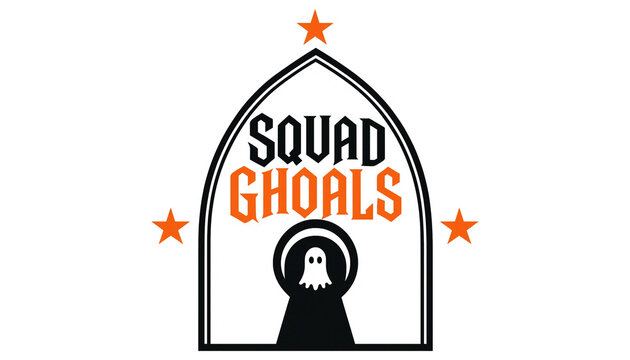 Squad ghoals halloween gothic arch typography with orange ghost emblem halloween typography greeting template decoration celebration seasonal