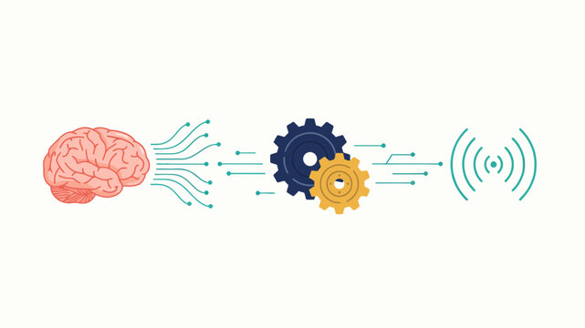 A vector illustration depicts a brain circuit board gears and wireless signal waves in a linear arrangement brain