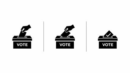 Fototapeta premium Three black silhouette icons depict a hand dropping a ballot into a voting box with the word vote
