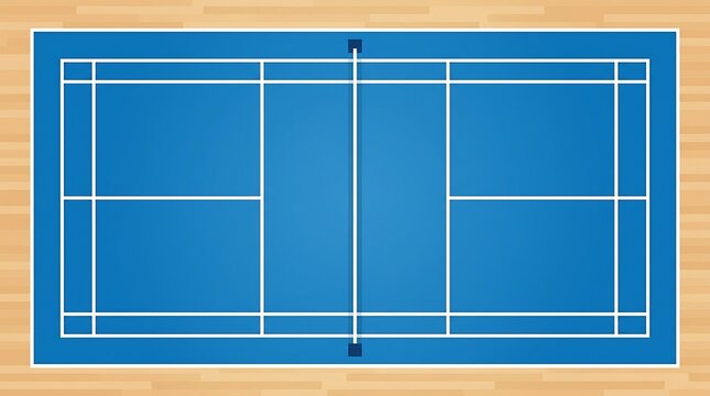 Professional badminton court view from above showing blue matting and white lines on wooden flooring