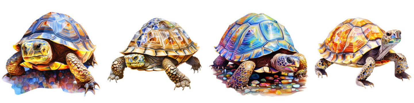 Set of tortoises isolated on black background displays different shell patterns