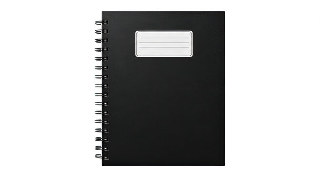 Black spiral notebook with a label for notes isolated on transparent background