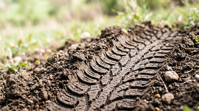 Tire track impression in soil cast with grass on the side  