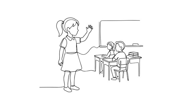Girl waving at classmates continuous line drawing. Student greeting friends in classroom. Minimalist vector illustration