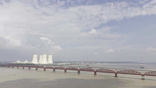 Aerial View of Rooppur Nuclear Plant and Lalon Shah Bridge Over Padma River