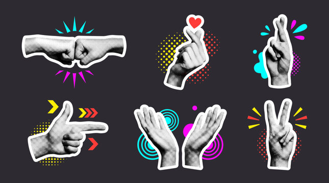 Trendy halftone elements set for collage and scrapbook. Cut out from magazine hand emoji gestures collection. Hands signs grunge punk dotted stickers with doodles Modern retro vector illustration