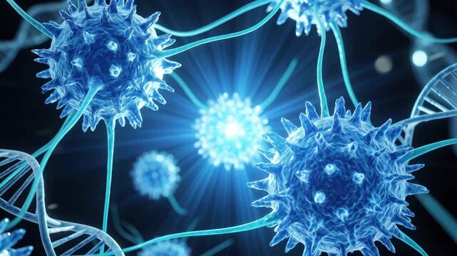 Slow motion 3D animation of glowing blue virus cells and floating DNA double helix strands with shining light rays in dark microscopic liquid background.