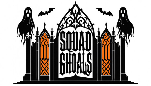 Halloween spooky vector badge featuring gothic castle towers flying bats glowing white ghosts squad ghoals caption halloween typography architecture illustration celebration template