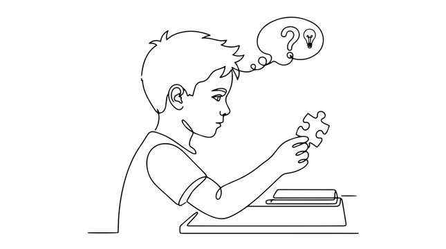 Boy solving riddle puzzle concept. Continuous line drawing of student with lightbulb idea. Vector illustration