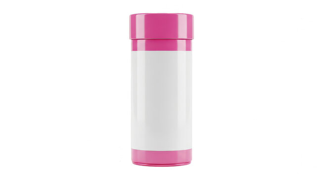 Pink pill bottle with a blank label for medical product isolated on transparent background