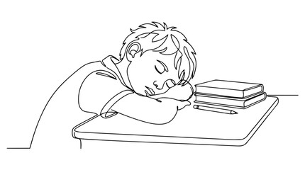 Obraz premium Continuous line drawing of a tired student sleeping on a desk. Minimalist vector illustration of a child resting during study