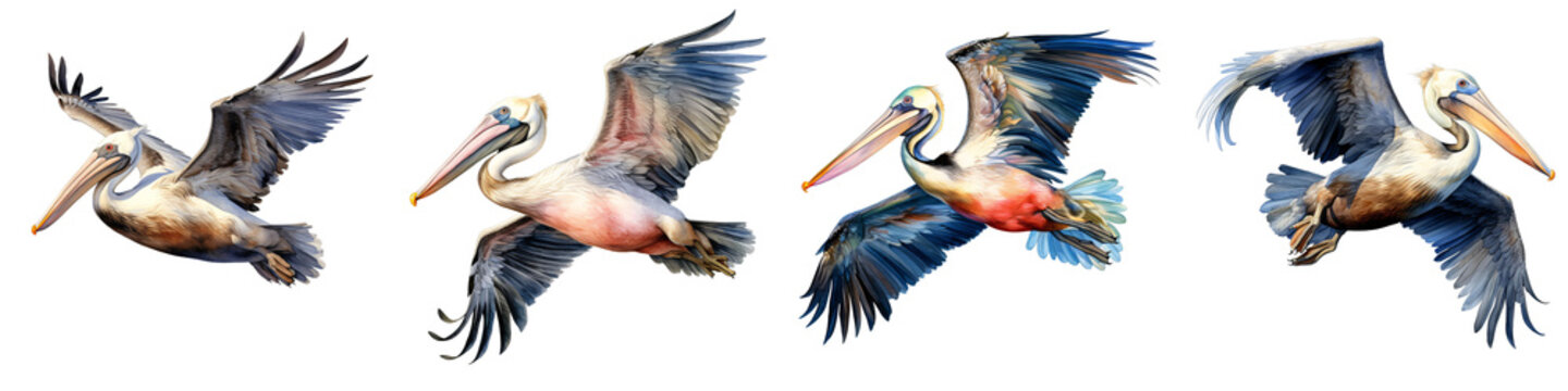 Elegant watercolor painting showcases a flock of pelicans in flight on black background