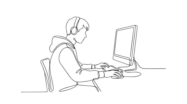 Continuous line drawing of a teenage boy using a computer with headphones. Minimalist vector illustration of coding and e-learning concept