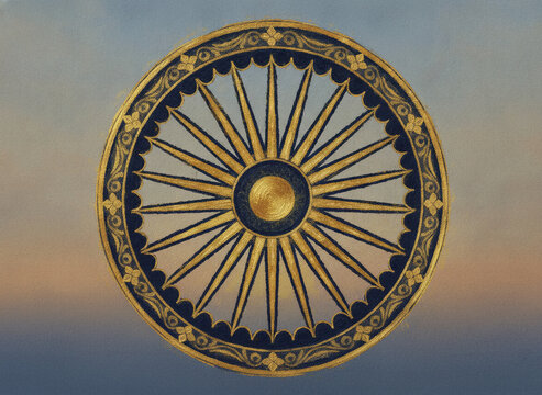 Golden Ashoka Chakra symbol with intricate filigree details and 24 spokes set against a soft blurred sunset gradient sky background representing Indian heritage and spirituality.