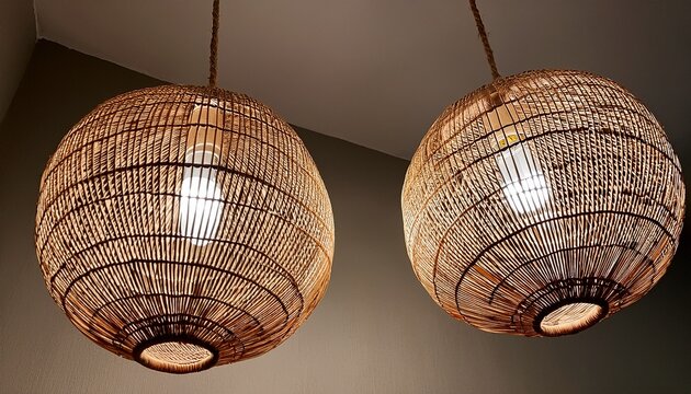 two intricately woven rattan pendant lights hanging against a neutral backdrop showcasing their natural texture and design ideal for enhancing home decor aesthetics