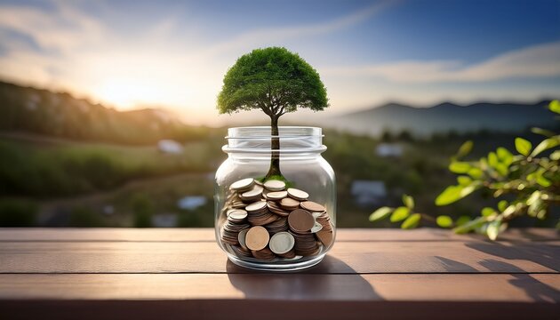 coins in a clear jar with a tree sprouting out depicting savings and growth