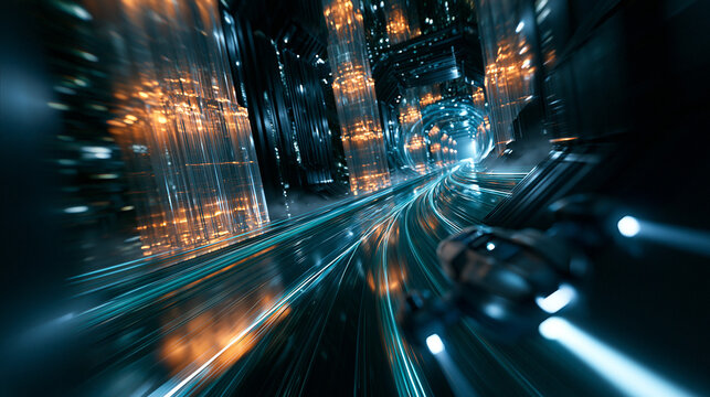 Raumschiff rast durch einen futuristischen Lichtertunnel der Stadt