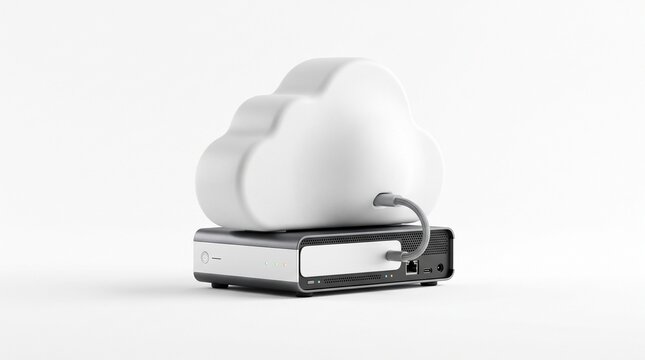 Cloud Computing Device: A symbolic cloud-shaped device rests atop a sleek server, representing modern data storage and digital innovation, hinting at connectivity and advanced technology.