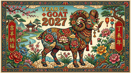 Fototapeta premium 2027 Chinese New Year of the Goat illustration with floral patterns and traditional art.