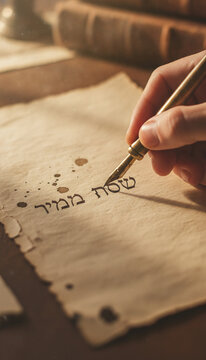 Person writing traditional Hebrew script with antique brass fountain pen on weathered parchment paper, warm lighting highlighting ink splatters and vintage leather-bound books.