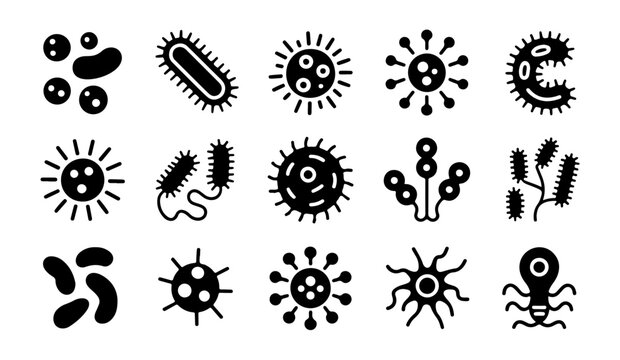 Large collection of black silhouette bacteria and virus icons for scientific research and medical labs.