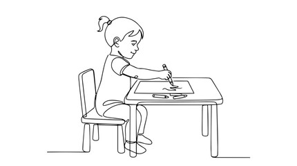 Fototapeta premium Continuous line drawing of a toddler girl drawing with crayons. Minimalist vector illustration of a child at a small table. Preschool education concept