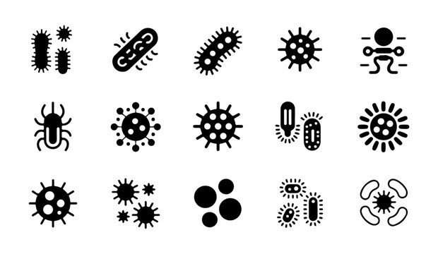 Set of black virus icons on transparent background designed for medical research and science education projects.