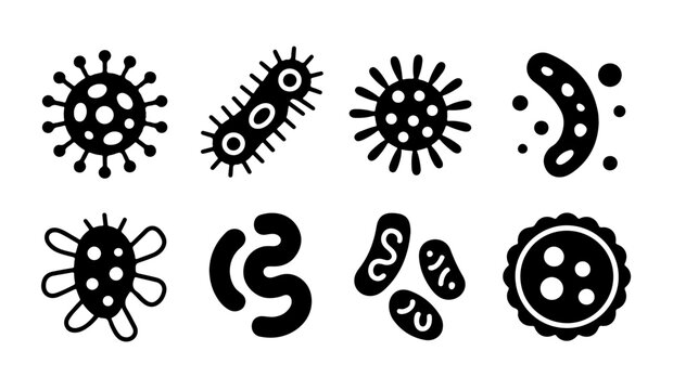 Set of black virus bacteria icons isolated on a transparent background for laboratory and medical research use.