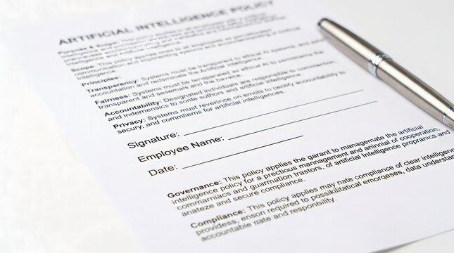 Artificial intelligence policy document featuring professional printed text lines with a metallic fountain pen resting on white paper surface side
