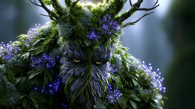 Mystisches Waldwesen aus Bl&auml;ttern und violetten Bl&uuml;ten blickt geheimnisvoll