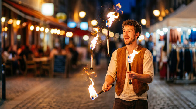 Young man juggling flaming torches joyfully in a lively street at night  