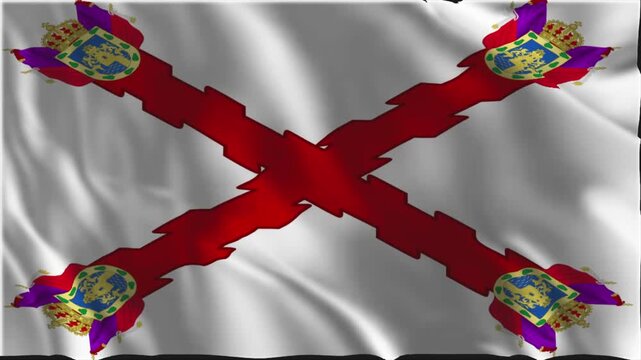 Flag of the Viceroyalty of New Spain waving slowly in the foreground.