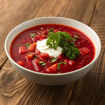 Delicious Bowl of Traditional Ukrainian Borscht Soup with Sour Cream and Fresh Herbs.
