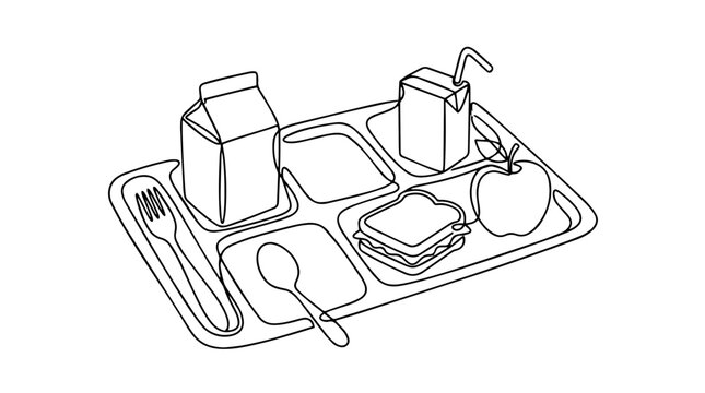 School lunch tray with sandwich apple and milk. Cafeteria meal concept. Continuous line art vector illustration