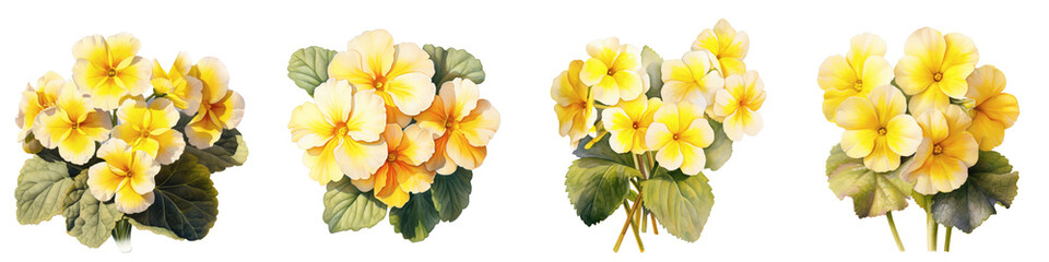 Fototapeta premium Group of primrose flowers is depicted against a black background in a painting style