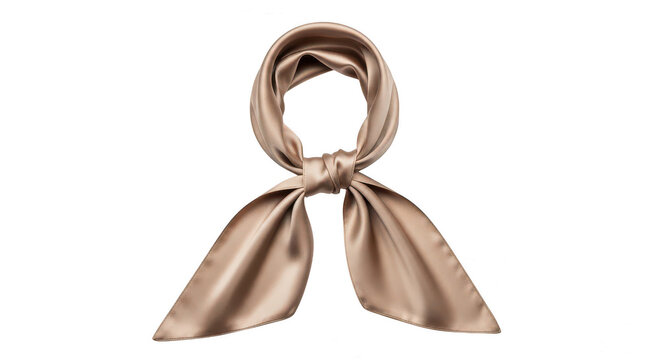 Elegant beige silk neck scarf tied in a simple knot isolated on transparent background