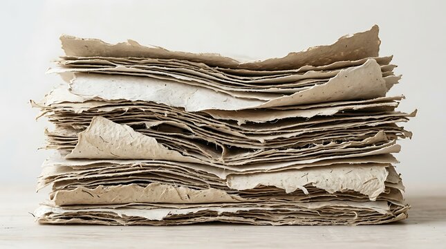 A stack of old torn paper sheets with rough edges piled up in a messy organic heap