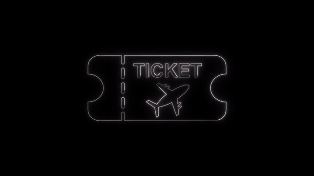 Glowing Neon Airline Ticket Icon Animation with Changing Color Light on Dark Background