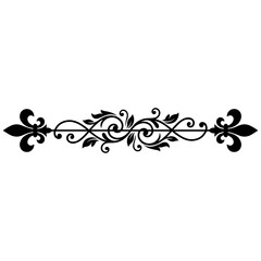 Black decorative divider with symmetrical flourishes and fleur de lis ends isolated on a plain white background, for print layouts © robin