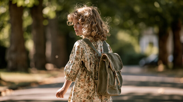Kind mit Tarnmuster-Rucksack blickt &uuml;ber Schulter auf baumges&auml;umte Allee
