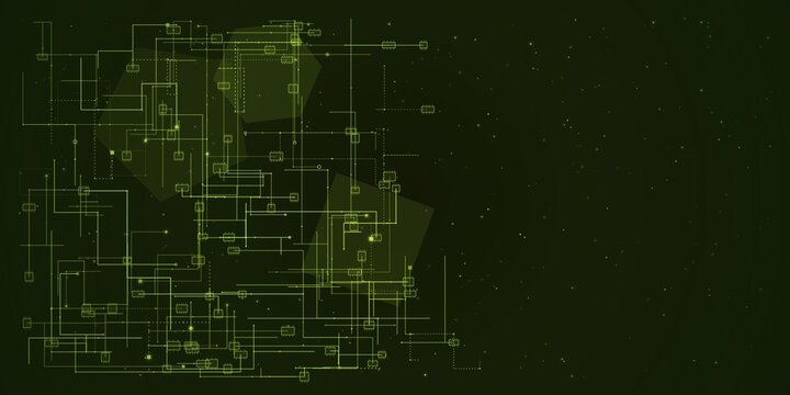 futuristic green circuit board pattern background featuring digital integrated microchips and electronic tech data connections
