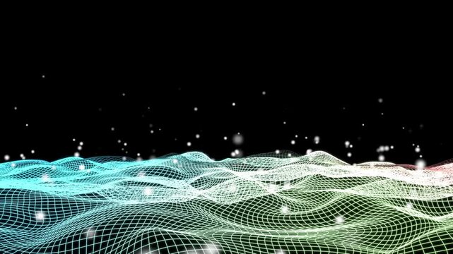 Glowing digital wave animation with wireframe and dots. blue digital cyber wave made of particles for technology concept.