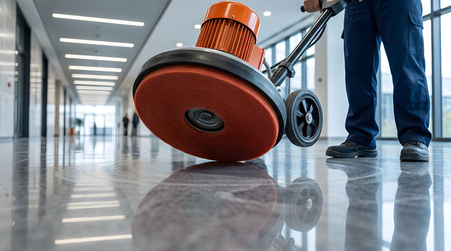 Janitor Operating Floor Buffer Machine to Polish Commercial Hallway Floor | Cleaning Specialist Buffing High-Gloss Marble Floor in Office Building | Professional Floor Maintenance Service Polishing 