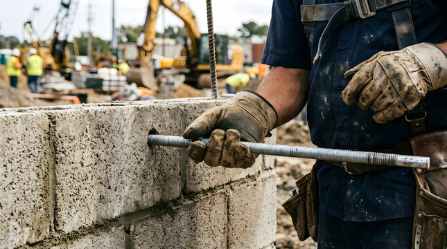 Construction Worker Inserting Threaded Steel Anchor Rod into Concrete Block Wall | Mason Installing Threaded Rebar Rod in Concrete Masonry Unit Wall | Reinforcing Concrete Block Wall with Threaded 