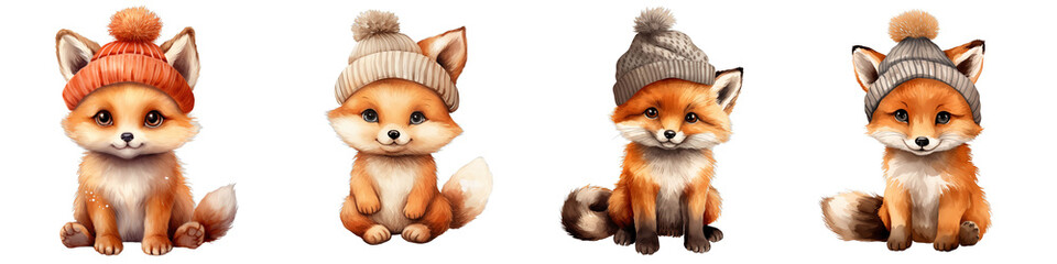 Naklejka premium Adorable fox kits in winter hats sit against a black backdrop, a cute wildlife scene