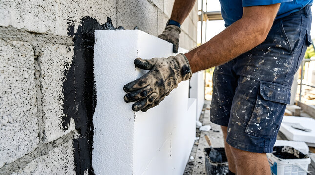 Construction Worker Installing Rigid Foam Thermal Insulation on Concrete Block Wall | Exterior Wall Thermal Insulation Board Installation with Bitumen Adhesive
