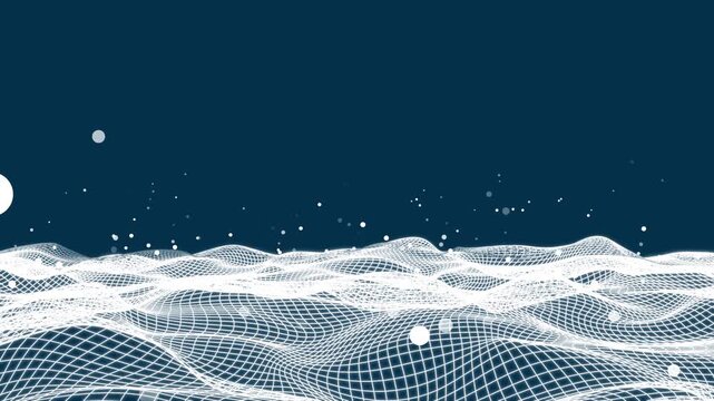 Glowing digital wave animation with wireframe and dots. blue digital cyber wave made of particles for technology concept.