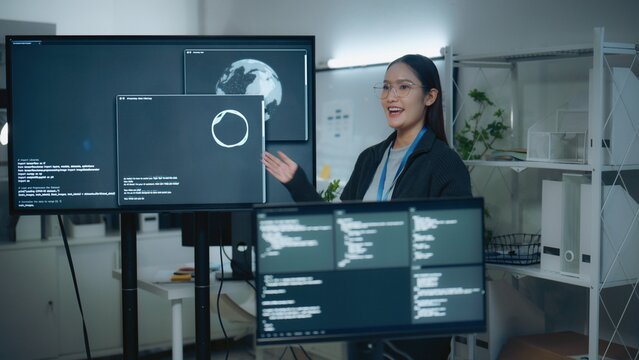 software developer engineer with programming presentation; a developer presenting software. software guides buyer choices, developer frames the scene, and engineer adds useful meaning.
