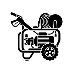 Obraz premium Creative Black and White Line Drawing of Pressure Washer Machine with Hose and Gear Mechanism with high quality professional line art symbols for modern creative design and digital branding projects