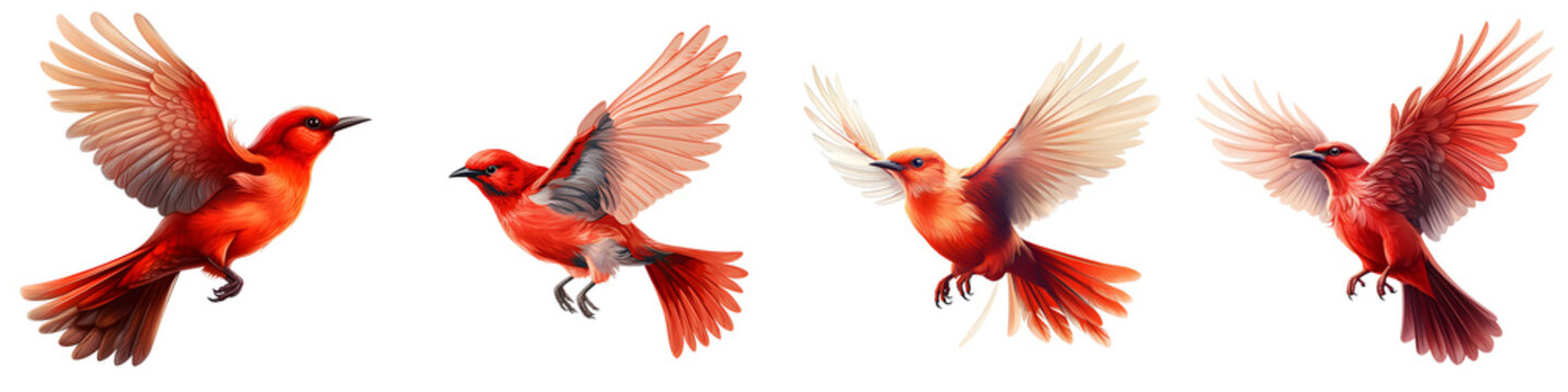 Four red i?iwi birds are seen flying on a black backdrop in an illustration